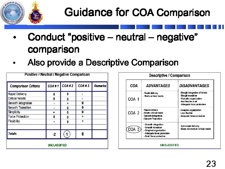 Guidance for COA Comparison • Conduct “positive – neutral – negative” comparison • Also