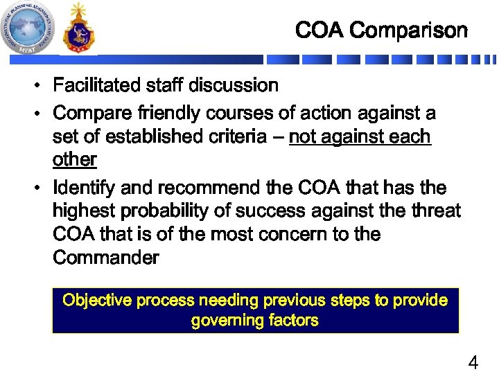 COA Comparison • Facilitated staff discussion • Compare friendly courses of action against a