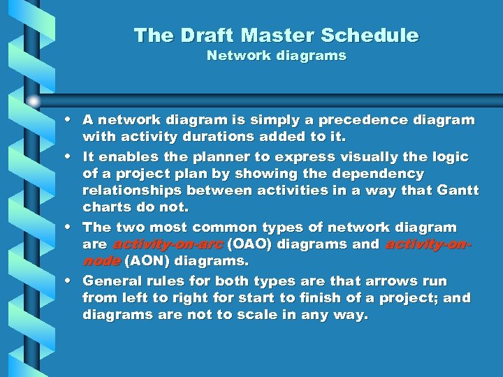 The Draft Master Schedule Network diagrams • A network diagram is simply a precedence