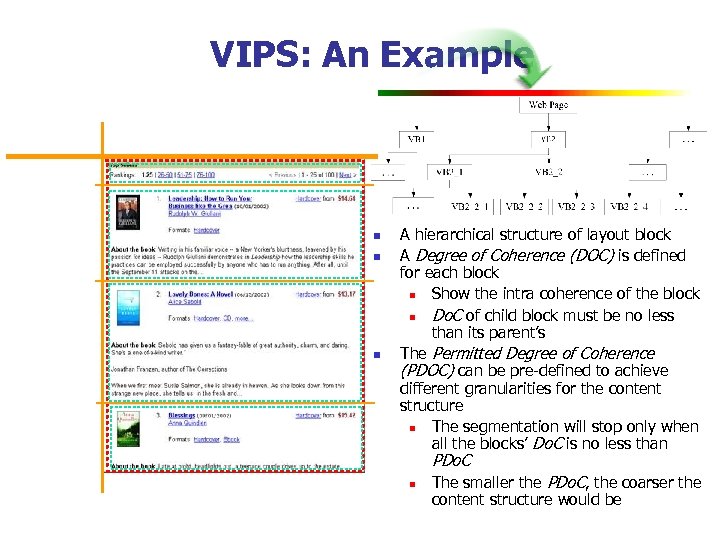 VIPS: An Example n n n A hierarchical structure of layout block A Degree