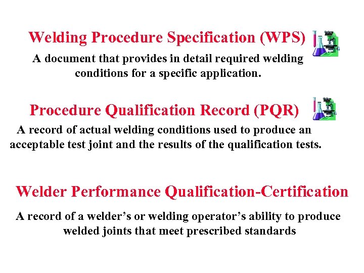 Welding Procedure Specification (WPS) A document that provides in detail required welding conditions for