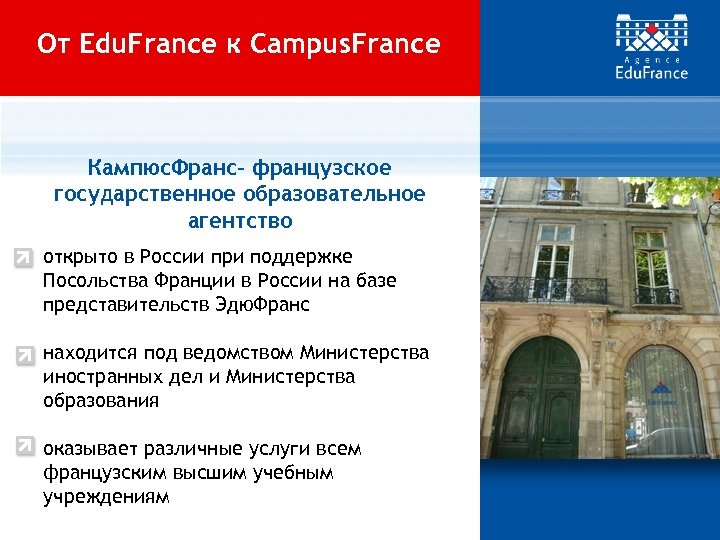 Oт Edu. France к Campus. France Кампюс. Франс– французское государственное образовательное агентство открыто в