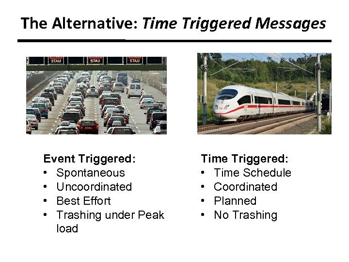 The Alternative: Time Triggered Messages Event Triggered: • Spontaneous • Uncoordinated • Best Effort