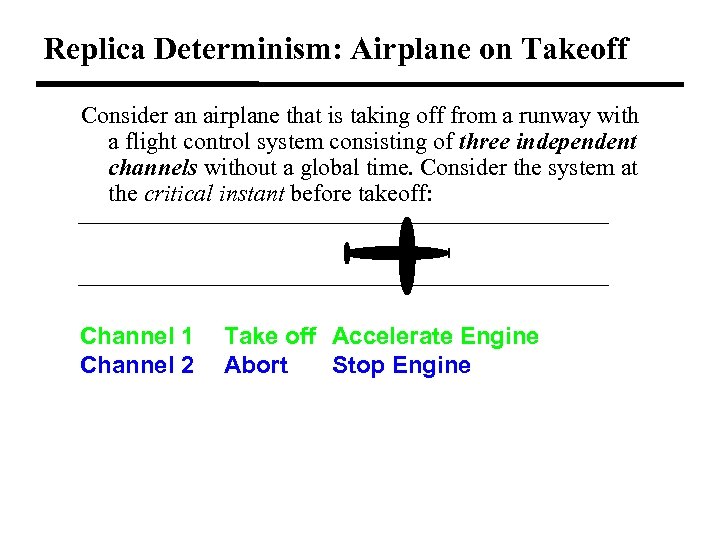 Replica Determinism: Airplane on Takeoff Consider an airplane that is taking off from a