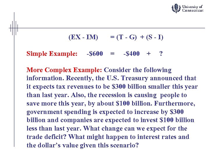 (EX - IM) Simple Example: -$600 = (T - G) + (S - I)