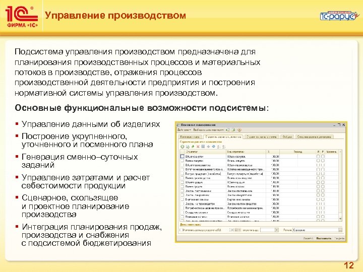 Управление производством Подсистема управления производством предназначена для планирования производственных процессов и материальных потоков в