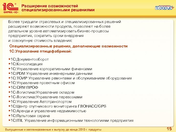 Расширение возможностей специализированными решениями Более тридцати отраслевых и специализированных решений расширяют возможности продукта, позволяют