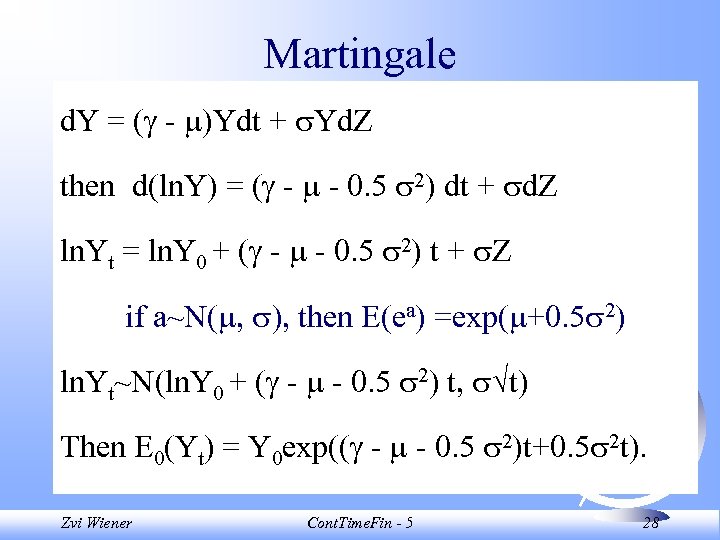 Martingale d. Y = ( - )Ydt + Yd. Z then d(ln. Y) =
