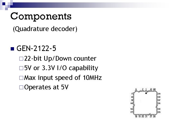 Components (Quadrature decoder) n GEN-2122 -5 ¨ 22 -bit Up/Down counter ¨ 5 V
