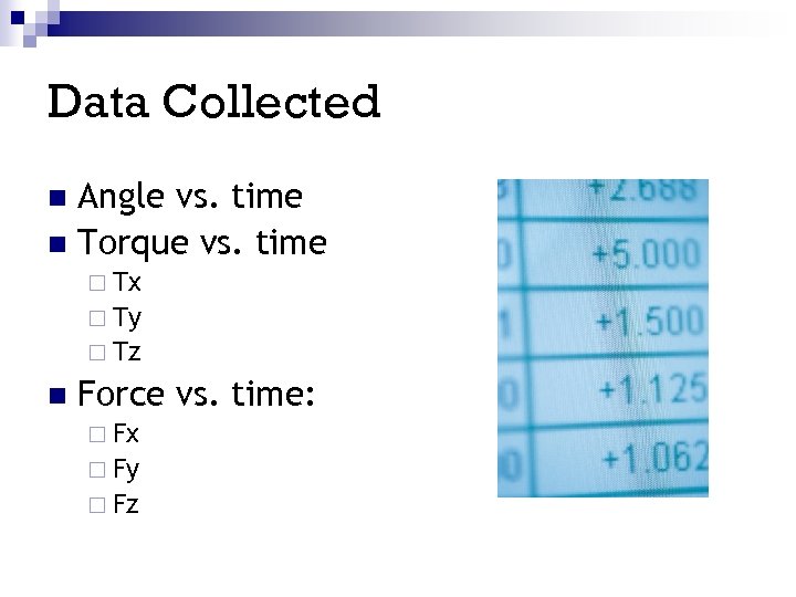 Data Collected Angle vs. time n Torque vs. time n ¨ Tx ¨ Ty