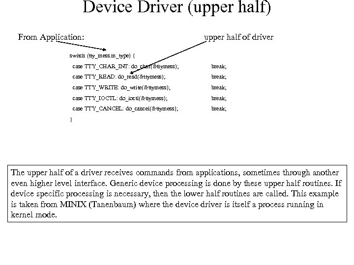 Device Driver (upper half) From Application: upper half of driver switch (tty_mess. m_type) {