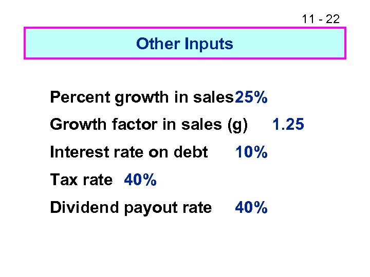 11 - 22 Other Inputs Percent growth in sales 25% Growth factor in sales