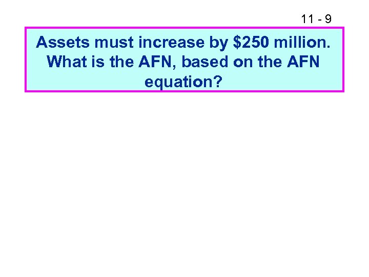 11 - 9 Assets must increase by $250 million. What is the AFN, based