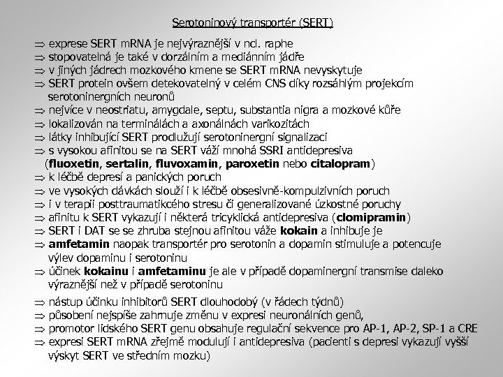 Serotoninový transportér (SERT) exprese SERT m. RNA je nejvýraznější v ncl. raphe stopovatelná je