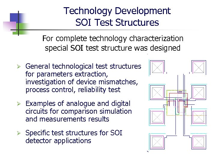 Technology Development SOI Test Structures For complete technology characterization special SOI test structure was