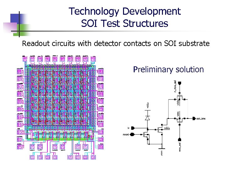 Technology Development SOI Test Structures Readout circuits with detector contacts on SOI substrate Preliminary