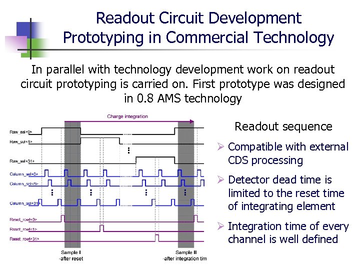 Readout Circuit Development Prototyping in Commercial Technology In parallel with technology development work on