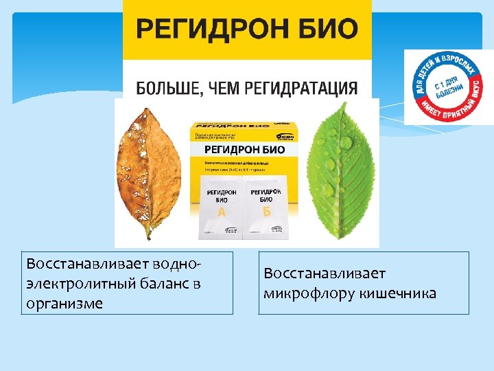 Восстанавливает водно электролитный баланс в организме Восстанавливает микрофлору кишечника 