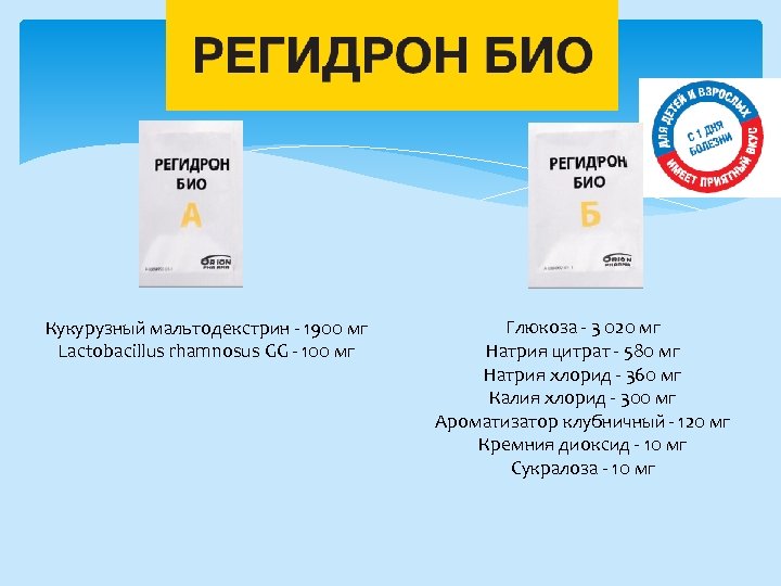 Кукурузный мальтодекстрин 1900 мг Lactobacillus rhamnosus GG 100 мг Глюкоза 3 020 мг Натрия