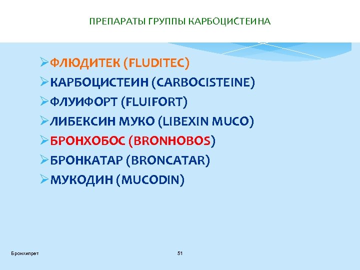 ПРЕПАРАТЫ ГРУППЫ КАРБОЦИСТЕИНА ØФЛЮДИТЕК (FLUDITEC) ØКАРБОЦИСТЕИН (CARBOCISTEINE) ØФЛУИФОРТ (FLUIFORT) ØЛИБЕКСИН МУКО (LIBEXIN MUCO) ØБРОНХОБОС