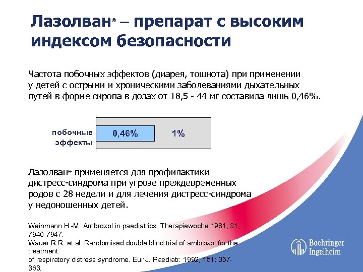 Лазолван – препарат с высоким индексом безопасности ® Частота побочных эффектов (диарея, тошнота) применении