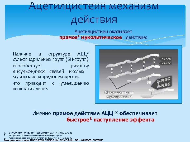 Ацетилцистеин механизм действия Ацетилцистиен оказывает прямое 1 муколитическое действие: Наличие в структуре АЦЦ® сульфгидрильных