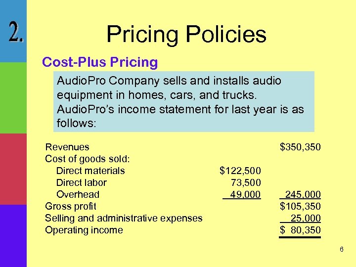 Pricing Policies Cost-Plus Pricing Audio. Pro Company sells and installs audio equipment in homes,