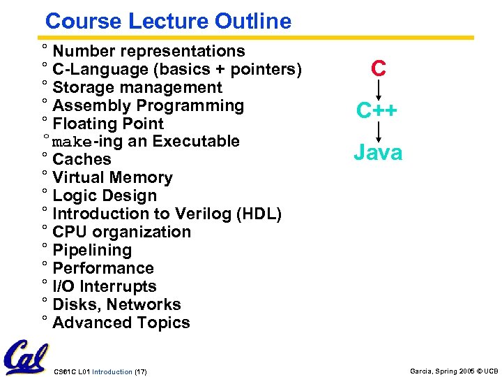 Course Lecture Outline ° Number representations ° C-Language (basics + pointers) ° Storage management