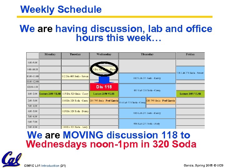 Weekly Schedule We are having discussion, lab and office hours this week… Dis 118
