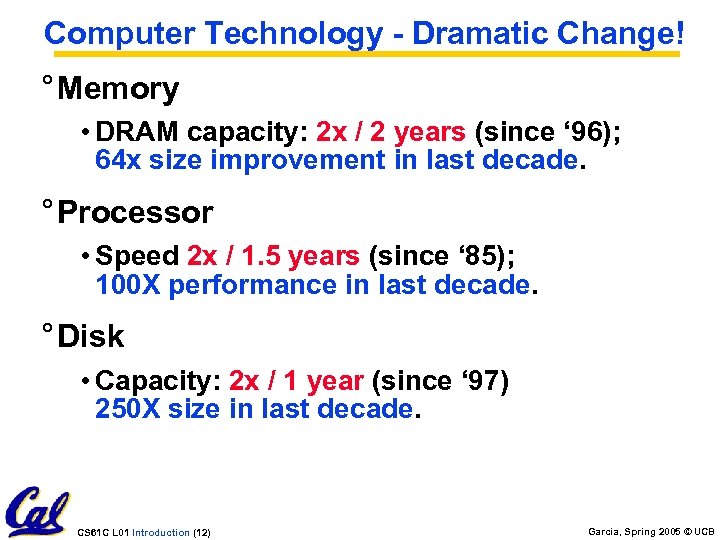 Computer Technology - Dramatic Change! ° Memory • DRAM capacity: 2 x / 2