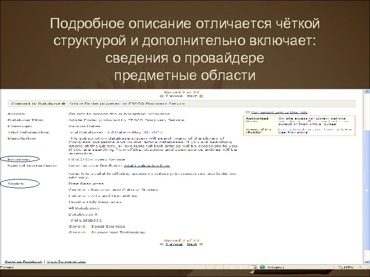 Подробное описание отличается чёткой структурой и дополнительно включает: сведения о провайдере предметные области 