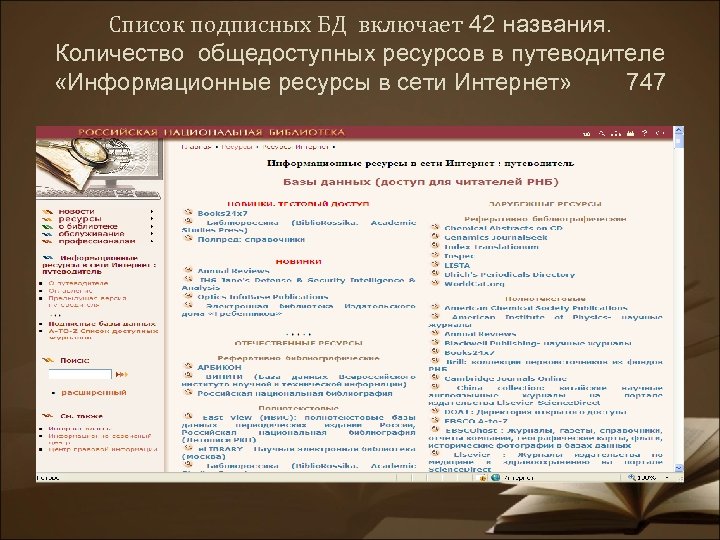 Список подписных БД включает 42 названия. Количество общедоступных ресурсов в путеводителе «Информационные ресурсы в