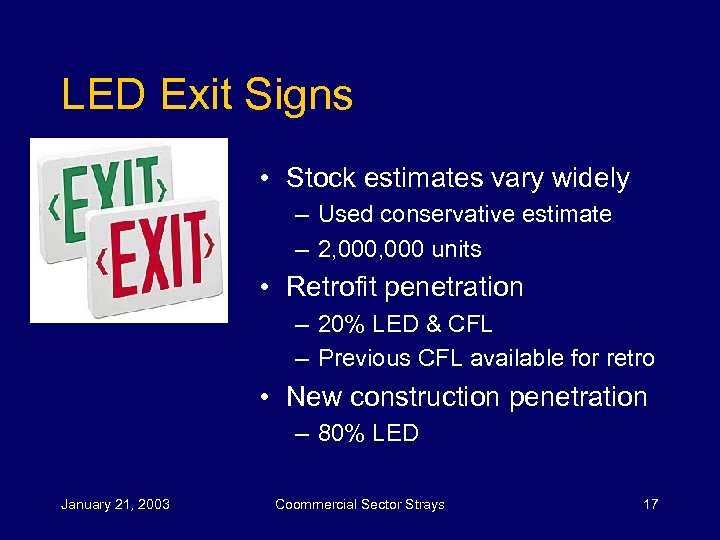 LED Exit Signs • Stock estimates vary widely – Used conservative estimate – 2,