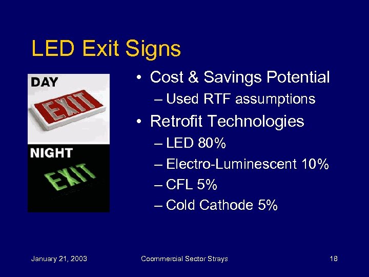 LED Exit Signs • Cost & Savings Potential – Used RTF assumptions • Retrofit