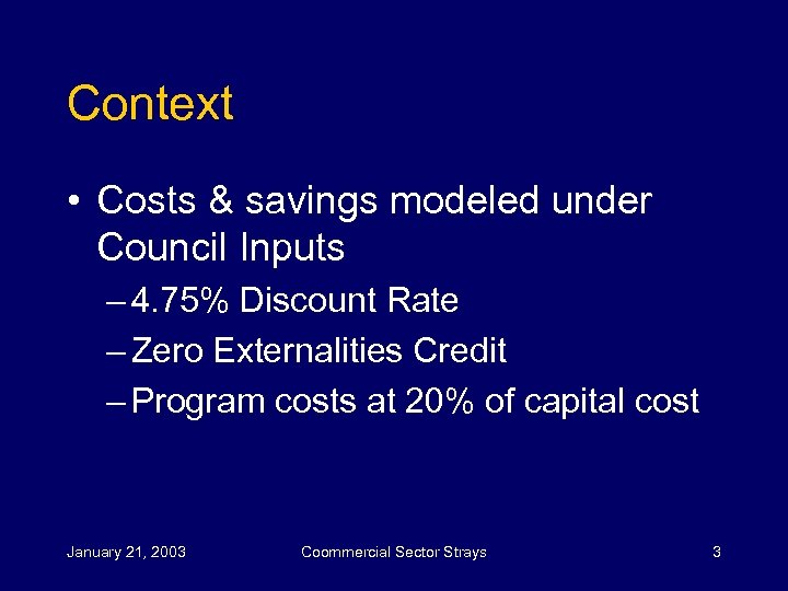 Context • Costs & savings modeled under Council Inputs – 4. 75% Discount Rate