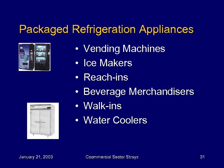 Packaged Refrigeration Appliances • • • January 21, 2003 Vending Machines Ice Makers Reach-ins