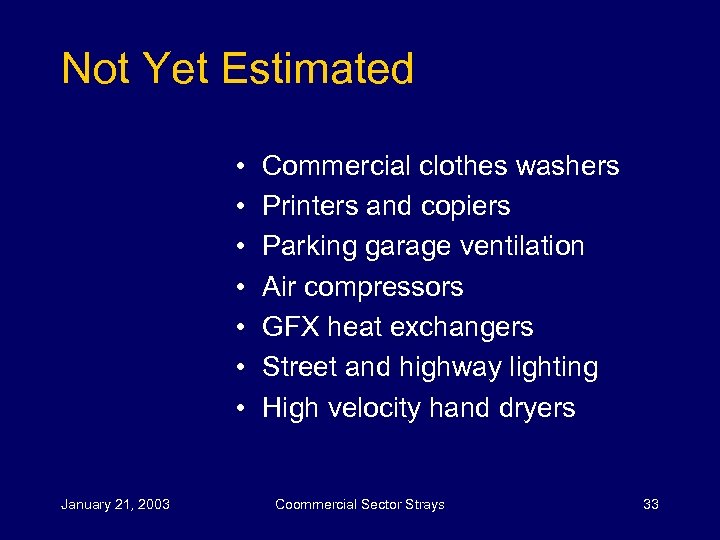 Not Yet Estimated • • January 21, 2003 Commercial clothes washers Printers and copiers