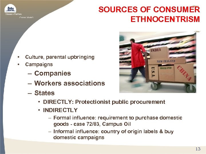 SOURCES OF CONSUMER ETHNOCENTRISM • • Culture, parental upbringing Campaigns – Companies – Workers