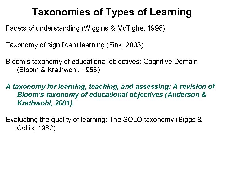 Taxonomies of Types of Learning Facets of understanding (Wiggins & Mc. Tighe, 1998) Taxonomy