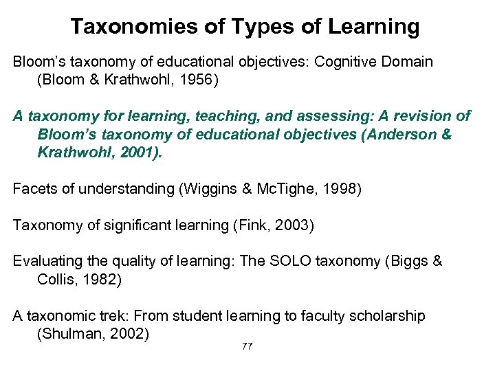 Taxonomies of Types of Learning Bloom’s taxonomy of educational objectives: Cognitive Domain (Bloom &