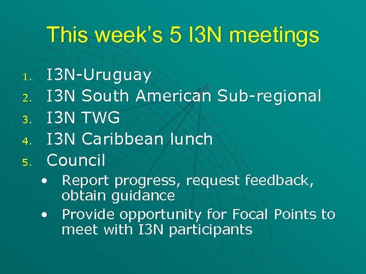 This week’s 5 I 3 N meetings 1. 2. 3. 4. 5. I 3