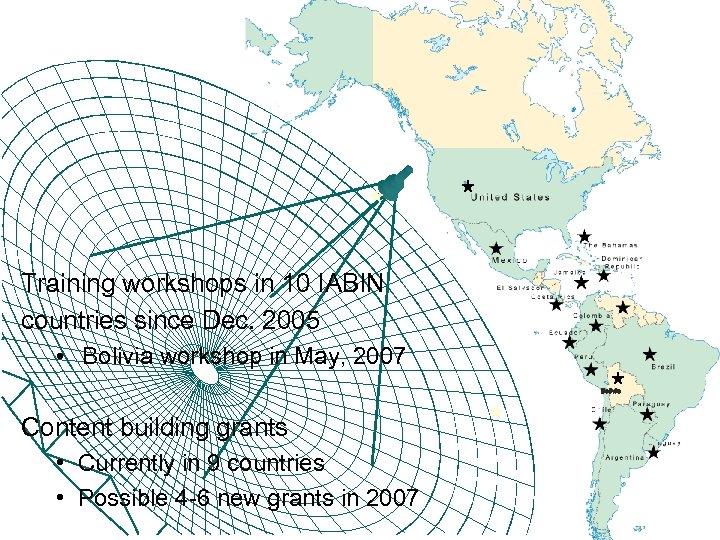Training workshops in 10 IABIN countries since Dec. 2005 • Bolivia workshop in May,