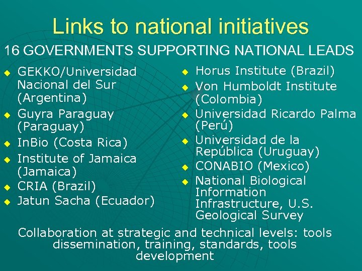 Links to national initiatives 16 GOVERNMENTS SUPPORTING NATIONAL LEADS u u u Horus Institute