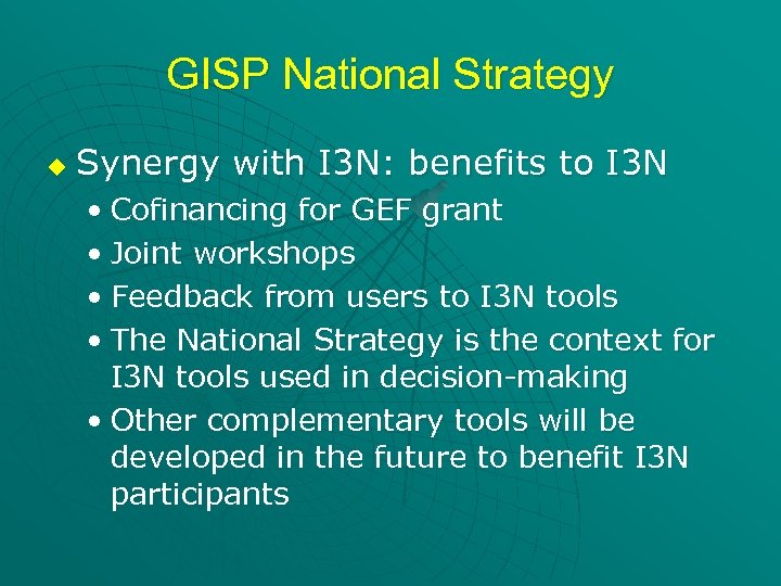 GISP National Strategy u Synergy with I 3 N: benefits to I 3 N