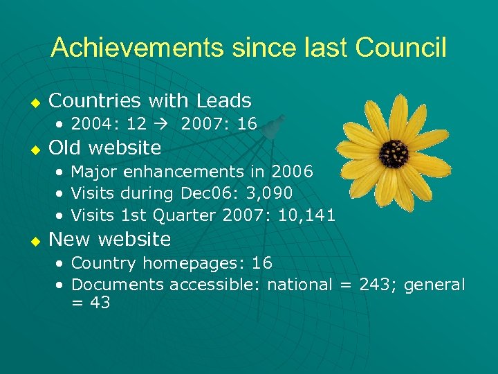 Achievements since last Council u Countries with Leads • 2004: 12 2007: 16 u