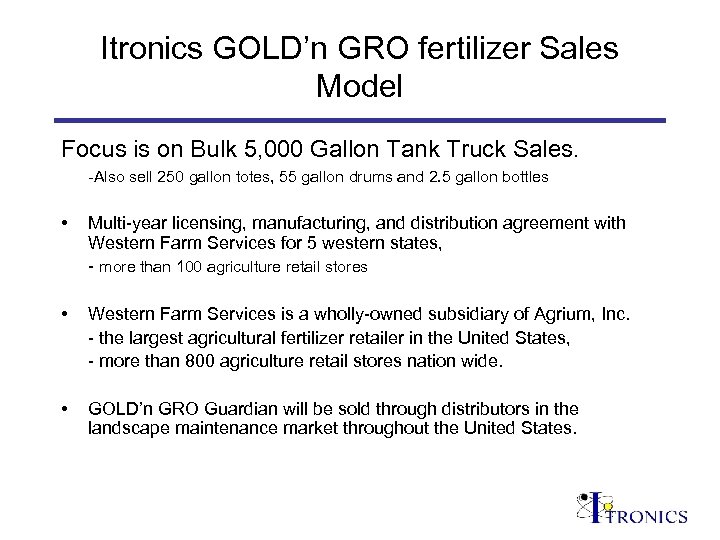 Itronics GOLD’n GRO fertilizer Sales Model Focus is on Bulk 5, 000 Gallon Tank