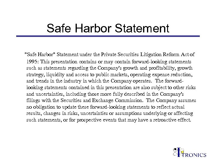 Safe Harbor Statement 