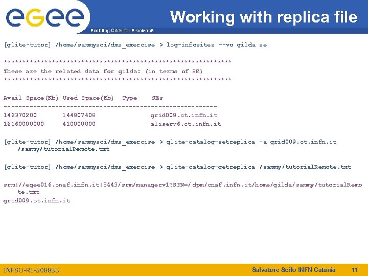 Working with replica file Enabling Grids for E-scienc. E [glite-tutor] /home/sammysci/dms_exercise > lcg-infosites --vo