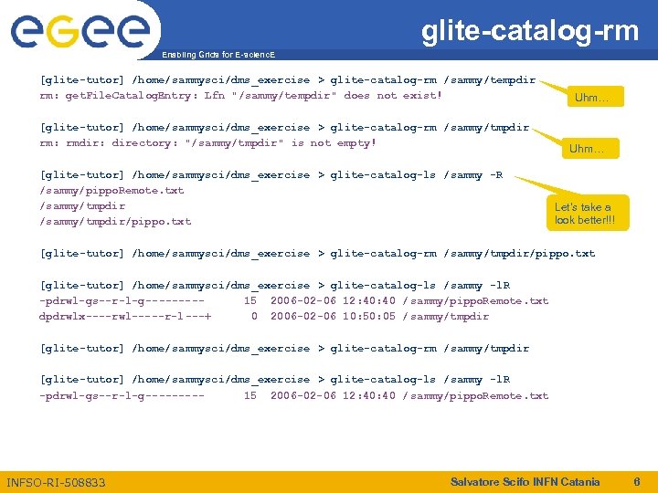 glite-catalog-rm Enabling Grids for E-scienc. E [glite-tutor] /home/sammysci/dms_exercise > glite-catalog-rm /sammy/tempdir rm: get. File.