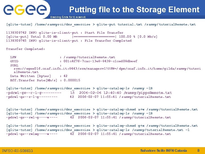 Putting file to the Storage Element Enabling Grids for E-scienc. E [glite-tutor] /home/sammysci/dms_exercise >